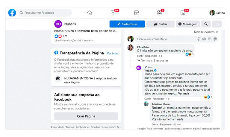 print screen da página do Facebook do Nubank, exemplificando a estratégia de atendimento ao cliente da empresa ao saber conversar com o seu público-alvo 