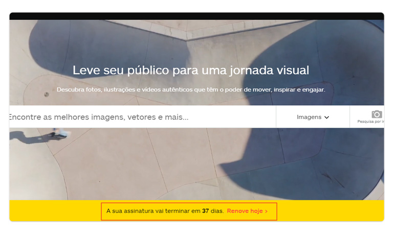 Captura de tela da página do Istock mostrando uma mensagem de cobrança em formato de push