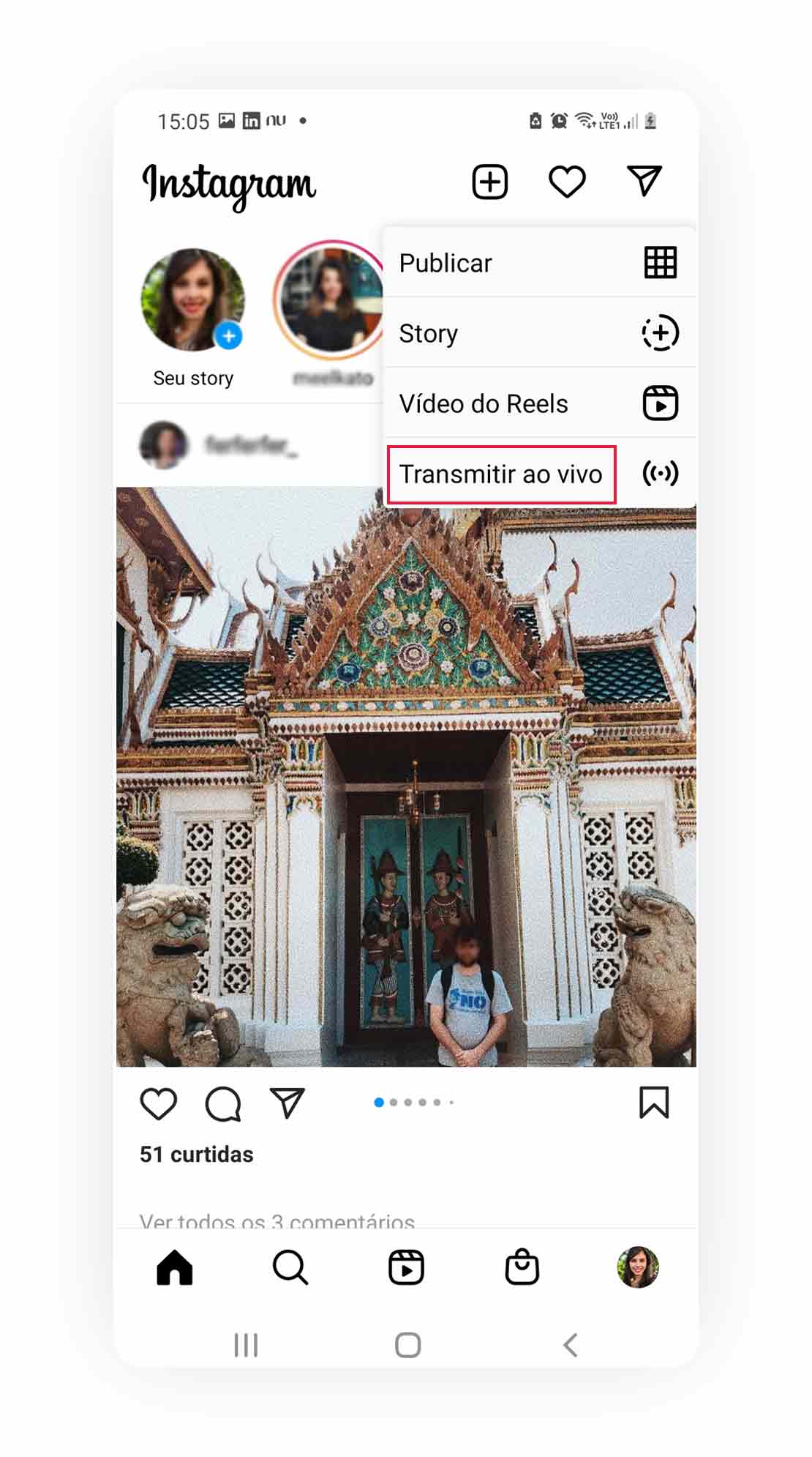 Print de tela do smartphone mostra passo inicial de como fazer lives no Instagram