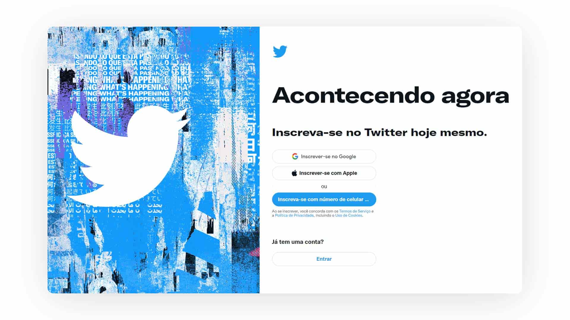 Print screen da tela inicial de cadastro mostrando como funciona o Twitter