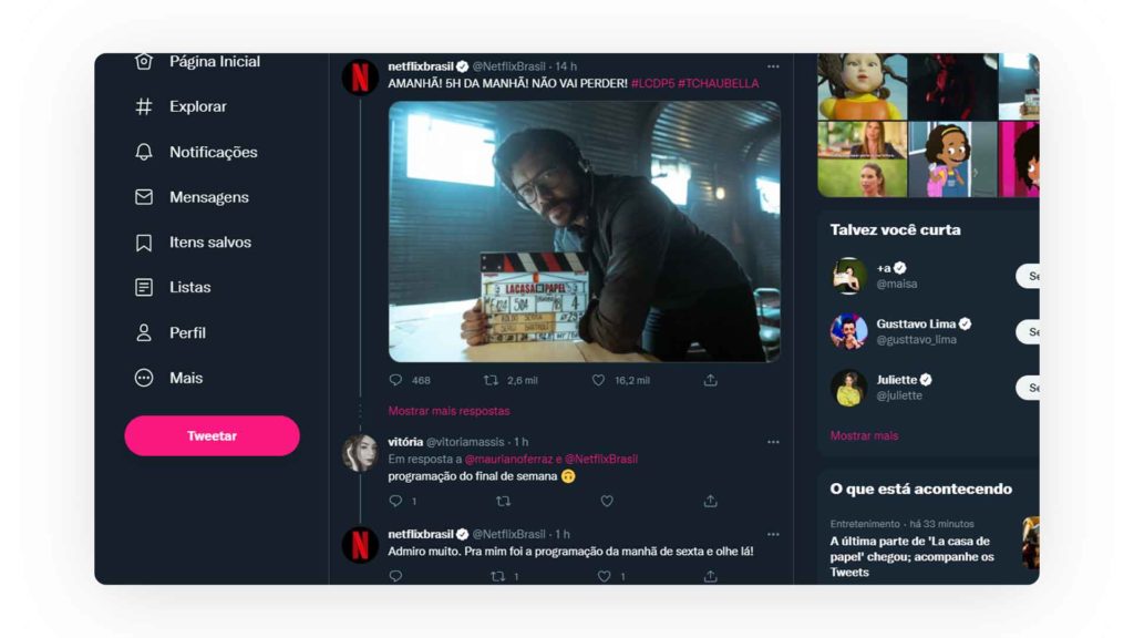 Captura de tela mostrando outra interação da Netflix para exemplificar o marketing no Twitter