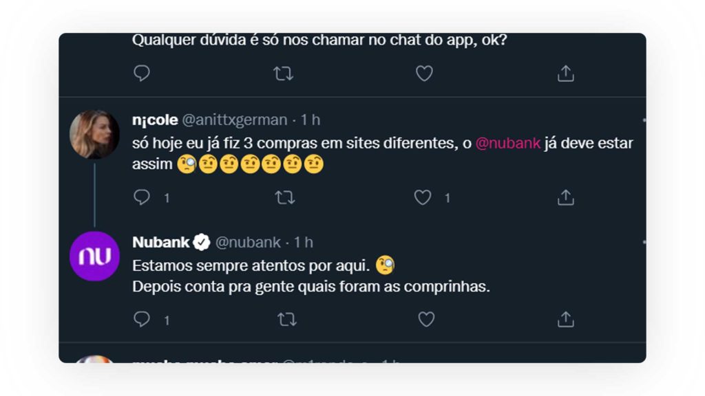 Captura de tela mostrando interação do Nubank para exemplificar o marketing no Twitter