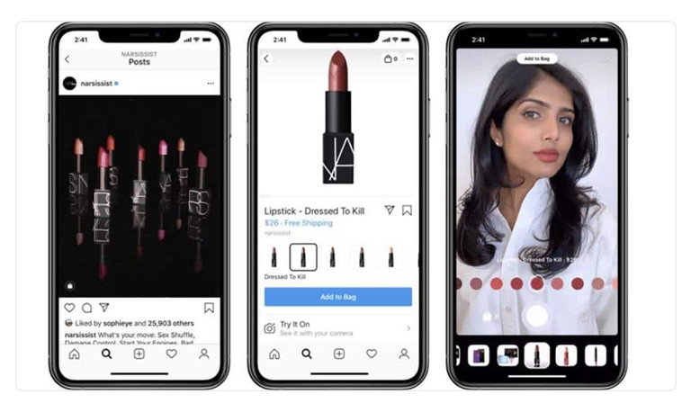 Captura de tela mostrando ferramenta de realidade aumentada ajudando clientes a experimentar maquiagem no Instagram Shopping