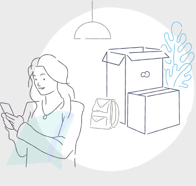 Na imagem, vemos um desenho de uma mulher segurando um celular com algumas caixas atrás.