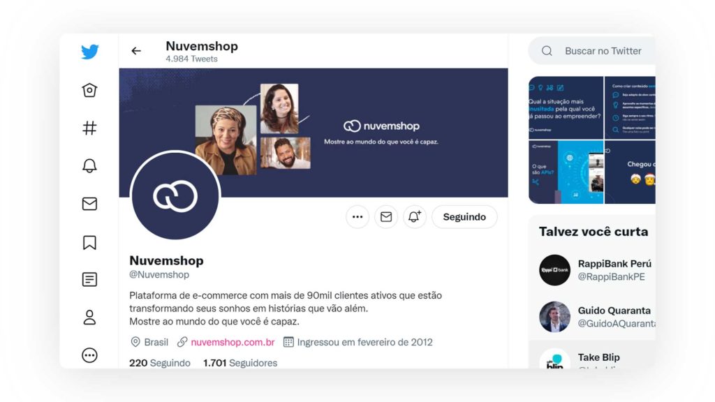 Captura de tela da bio do perfil da Nuvemshop mostrando uma boa prática para ganhar seguidores no Twitter