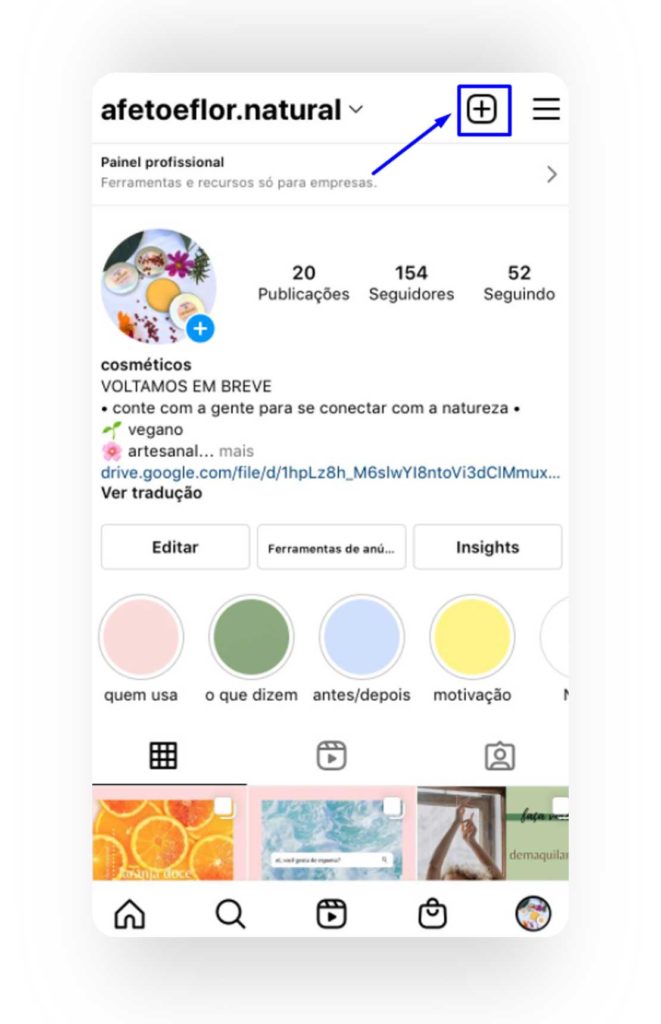 Captura de tela mostrando como publicar uma foto no Instagram