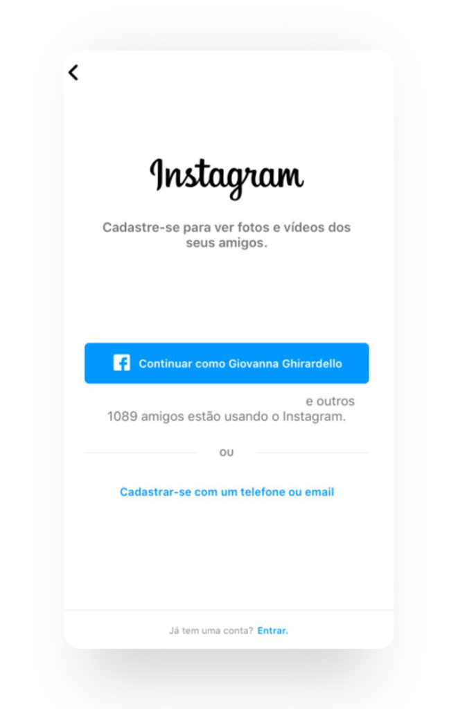 Captura de tela mostrando como cadastrar-se no Instagram