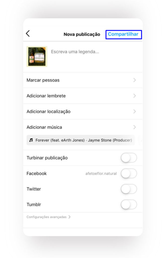 Captura de tela mostrando como publicar uma foto no Instagram passo 5