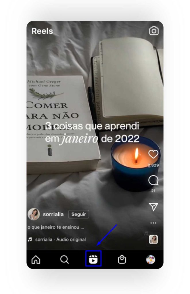 Captura de tela mostrando como usar o reels do Instagram