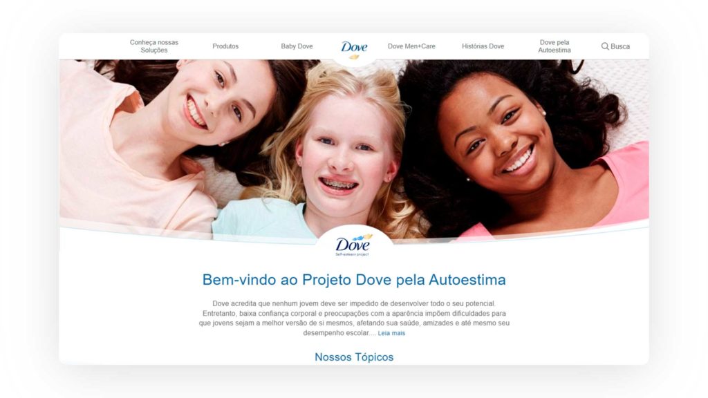 Captura de tela do portal Dove pela Autoestima, campanha de marketing social da empresa