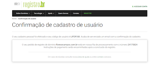 Confirmação de cadastro de domínio no Registro.br