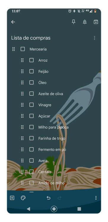 Captura de tela do Google Keep mostrando uma checklist de compras