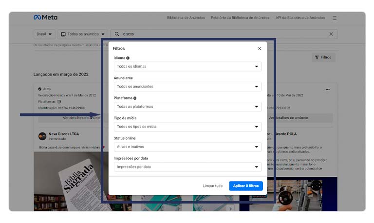 Captura de tela do passo a passo para acessar a biblioteca de anúncios.
