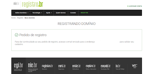 Mensagem de domínio registrado no Registro.br