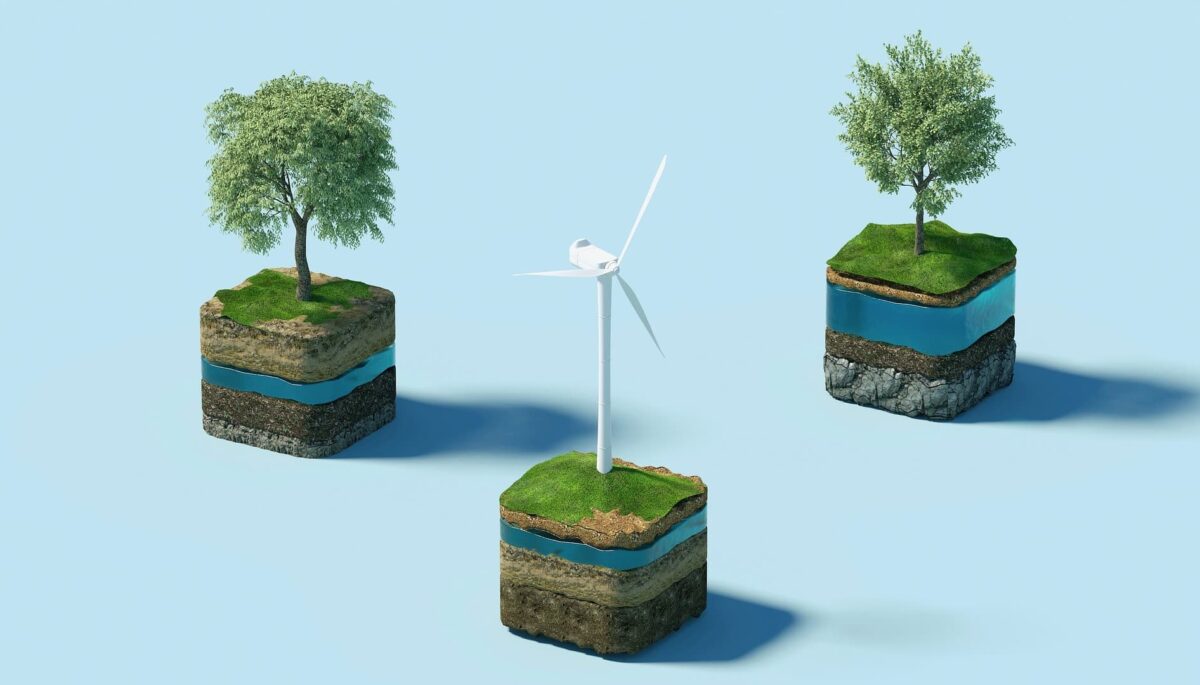 Molino de energía eólica en cubo de tierra junto a dos árboles en cubos de tierra, una representación de qué es sustentable