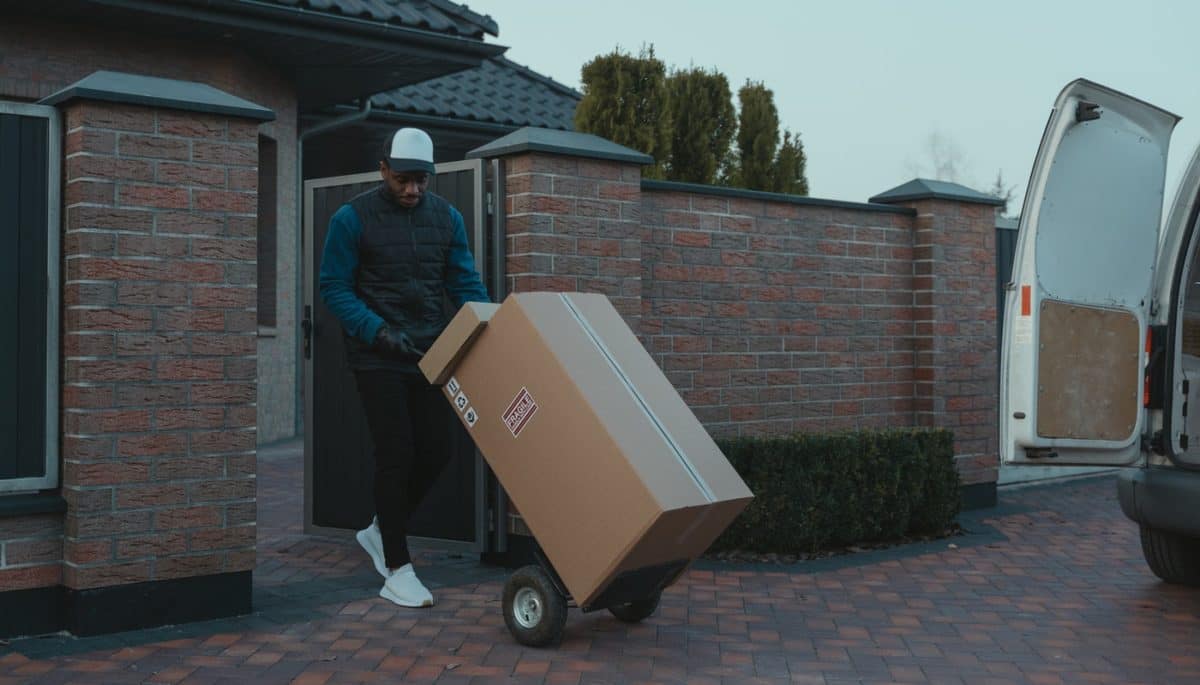 Na imagem, um homem negro puxa uma caixa grande para dentro de uma residência representando endereço fiscal