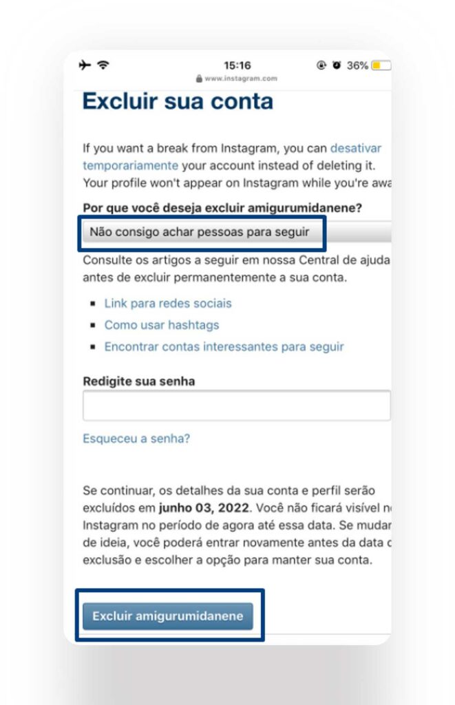 Como excluir a conta do Instagram pelo celular passo 6