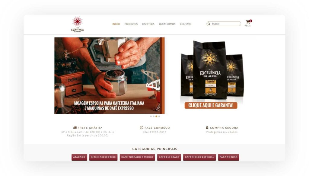 Captura de tela da loja Café Excelência de Araxá mostrando como vender café online