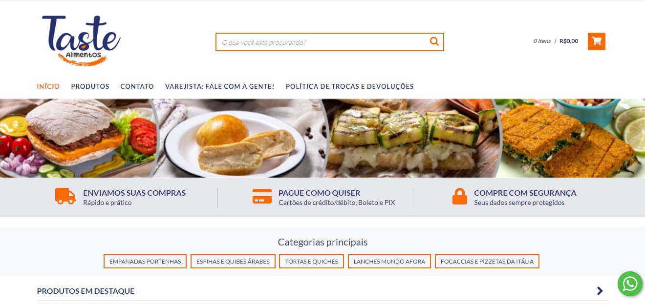 Página inicial do site Taste Alimentos representando como vender salgados online