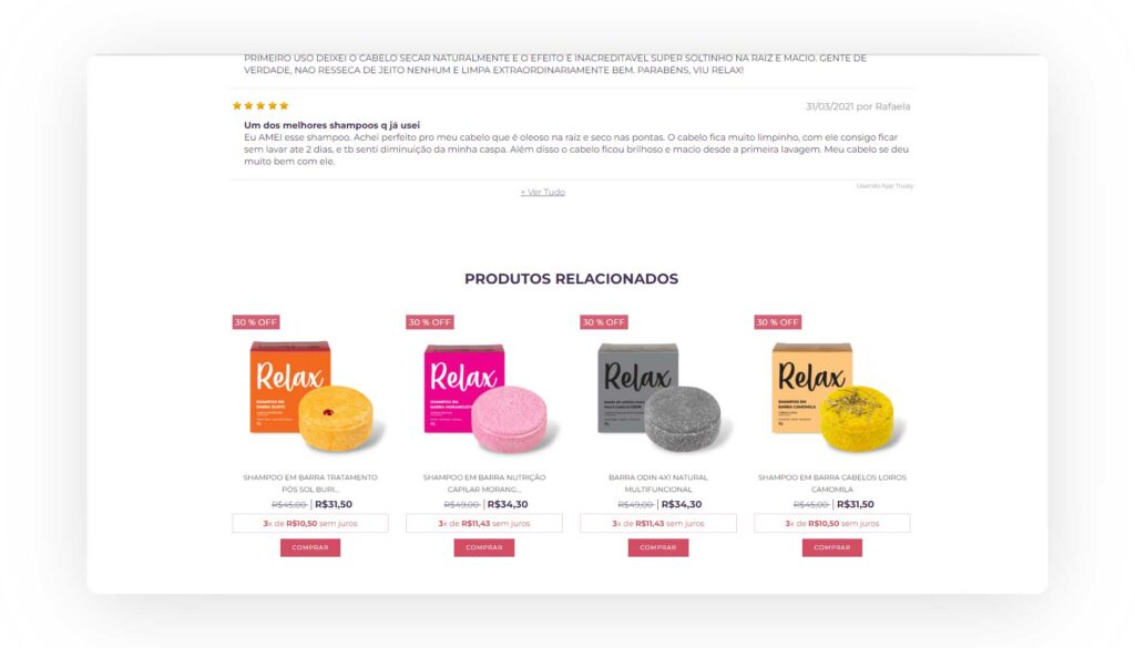 Captura de tela da loja Relax mostrando como os produtos relacionados podem ajudar na taxa de conversão