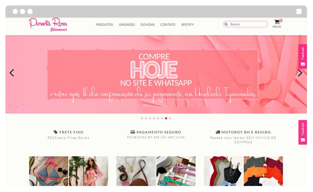 Imagem mostrando a página inicial da loja Pimenta Rosa.