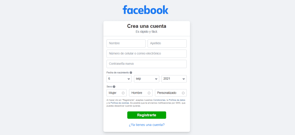 Aviso para crear una página de facebook