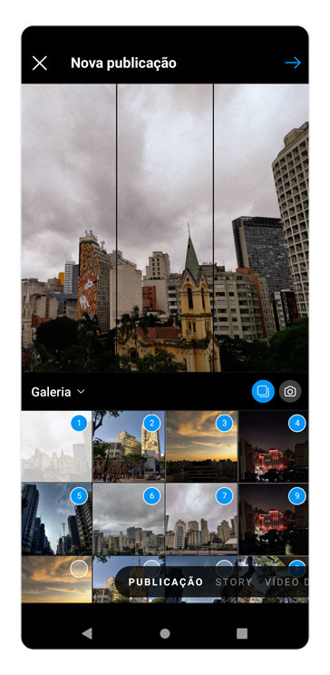Captura de tela mostrando como escolher fotos para carrosséis de Instagram