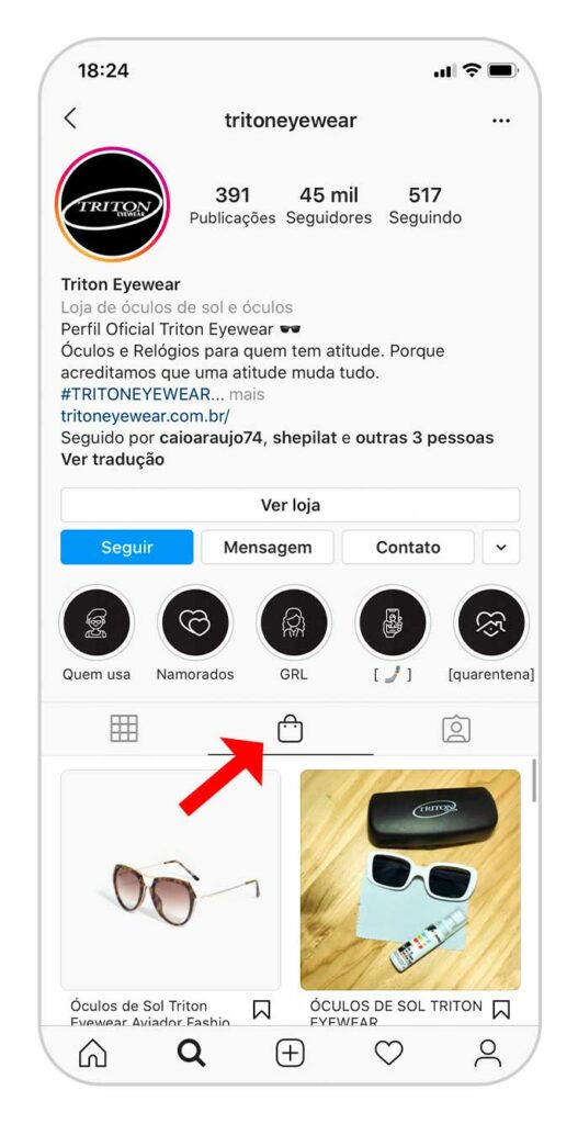Captura de tela do Instagram Shopping da marca Triton Eyewear