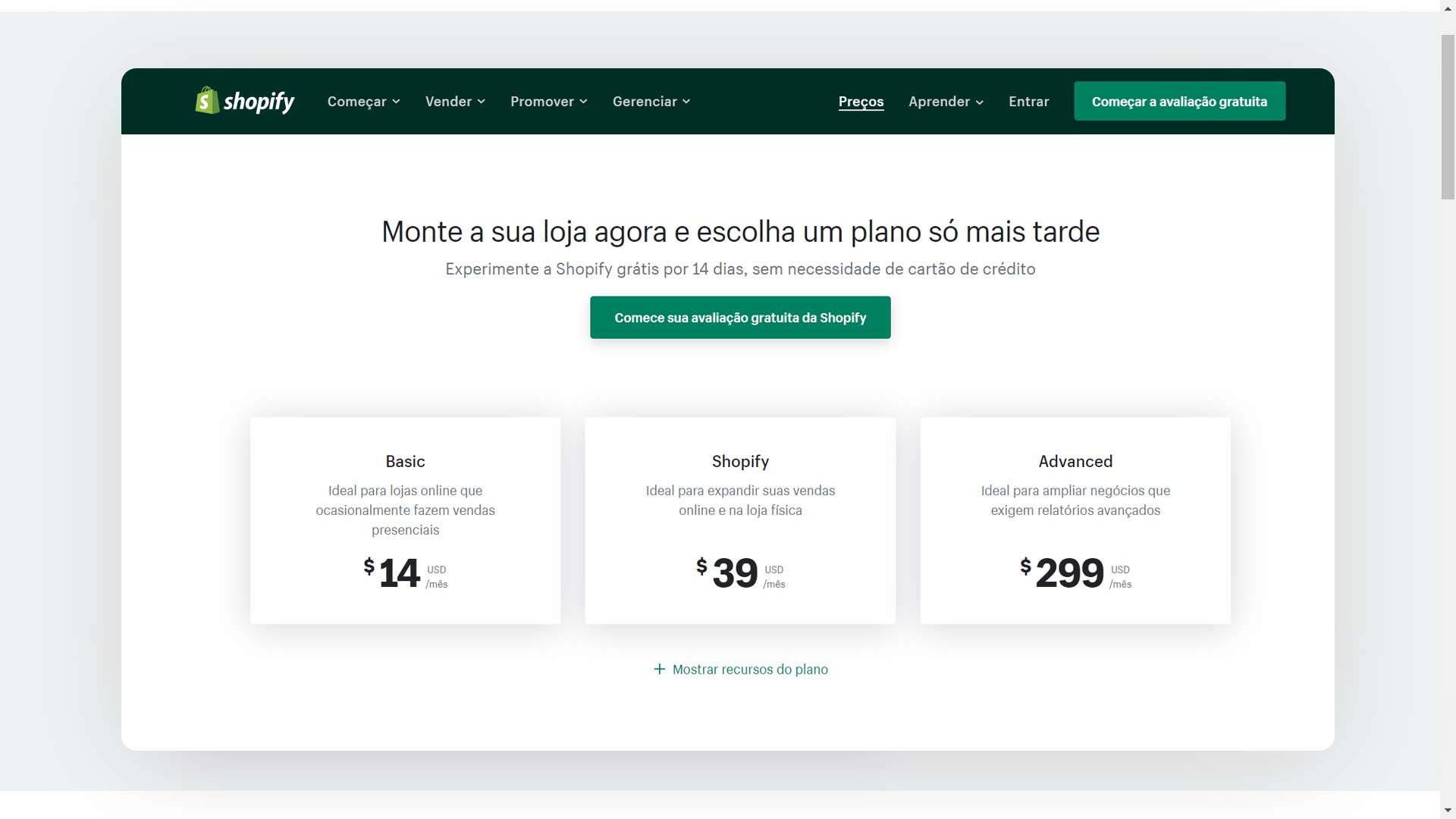 Página de preços da Shopify para comparação entre Nuvemshop e Shopify