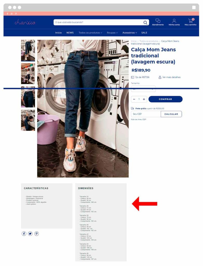 Captura de tela da loja Chanéco, com fotos e descrições de uma calça vendida online, mostrando o aspecto da descrição no artigo "o que é e-commerce"