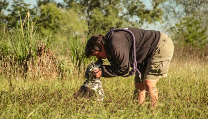 Mujer acariciando a un perro en el campo de una ONG en Argentina
