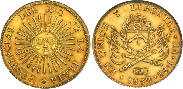 Ejemplar de una moneda antigua argentina llamada 8 Escudos.