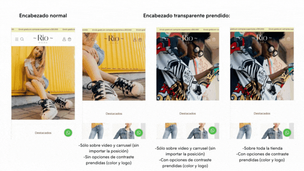 Plantilla de Tiendanube Rio con encabezado transparente y con fondo de color.