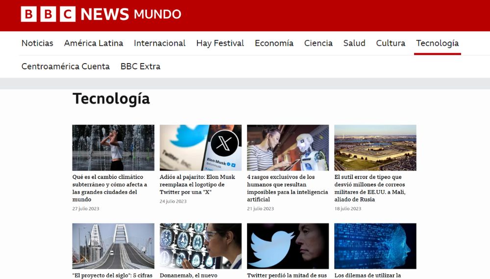 Imagen del portal de noticias BBC; uno de los tipos de páginas web.