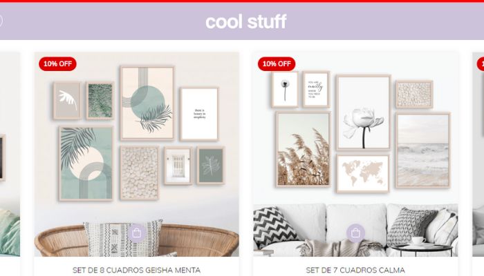 ALT text: Captura de la tienda onlinde de Cool Stuff donde pueden verse varios cuadros decorativos de madera.