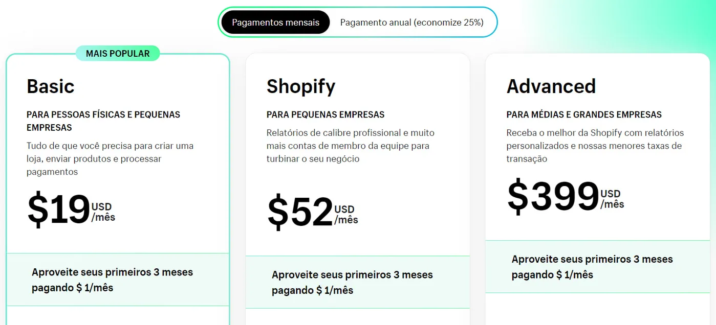 Planos e preços Shopify