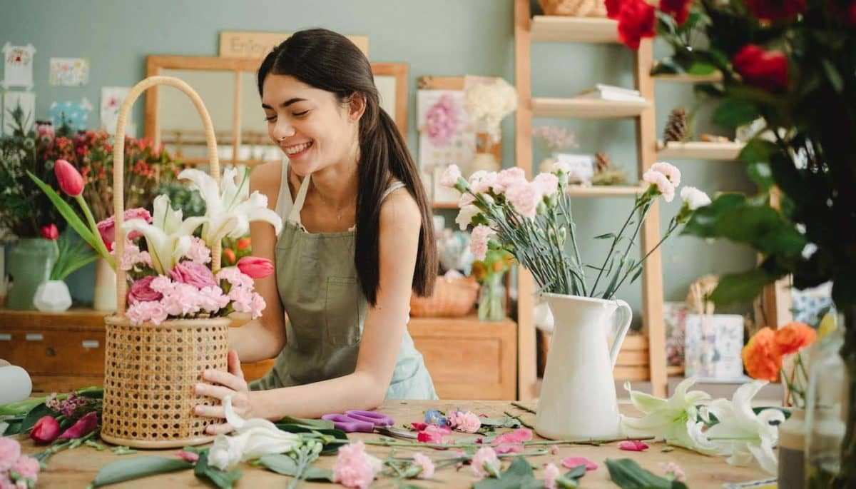 Imagem de uma moça arrumando sua floricultura, representando como montar uma floricultura online.