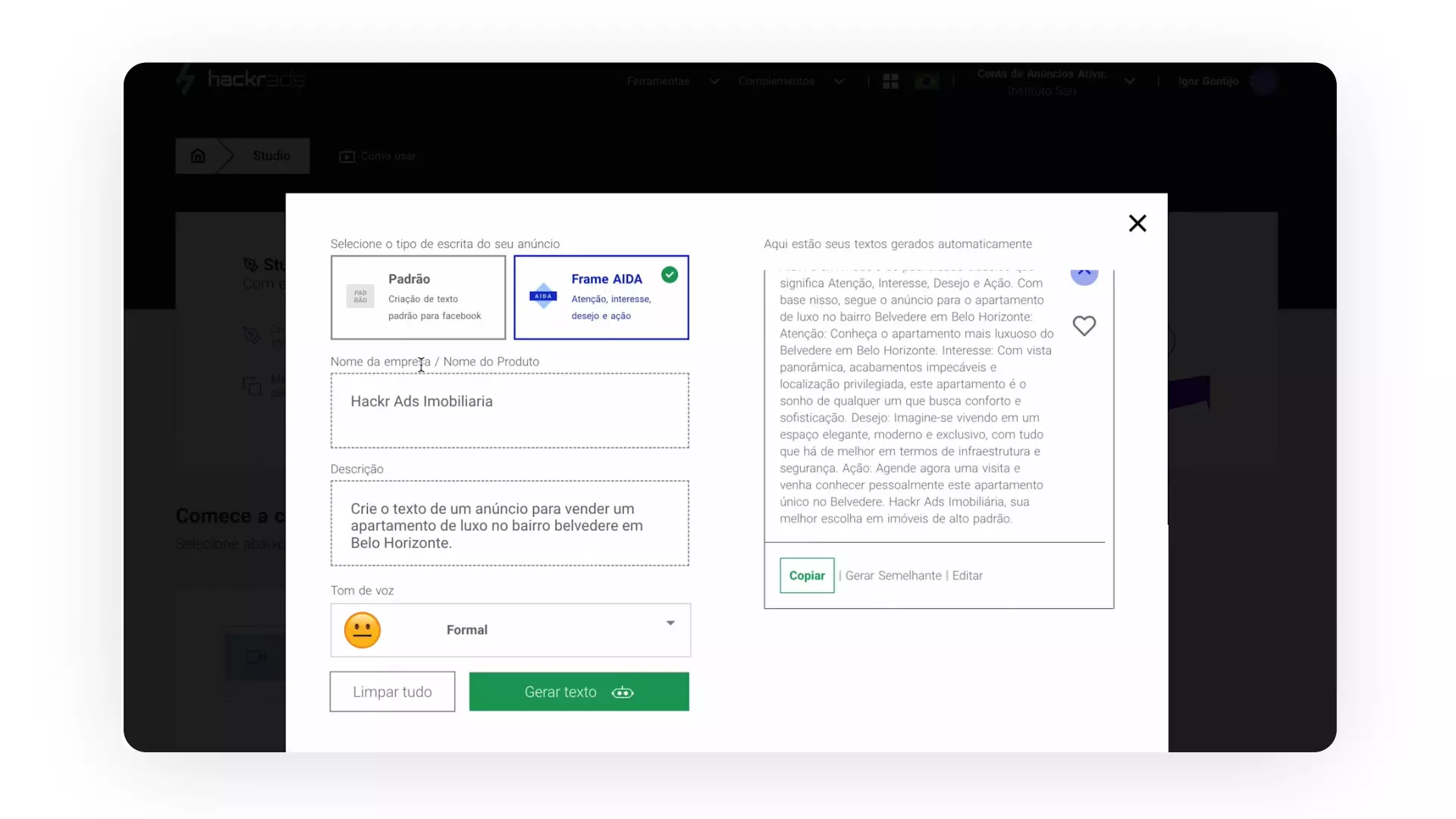 Print do uso da inteligência artificial do Hackr Ads para criação de texto para anúncio