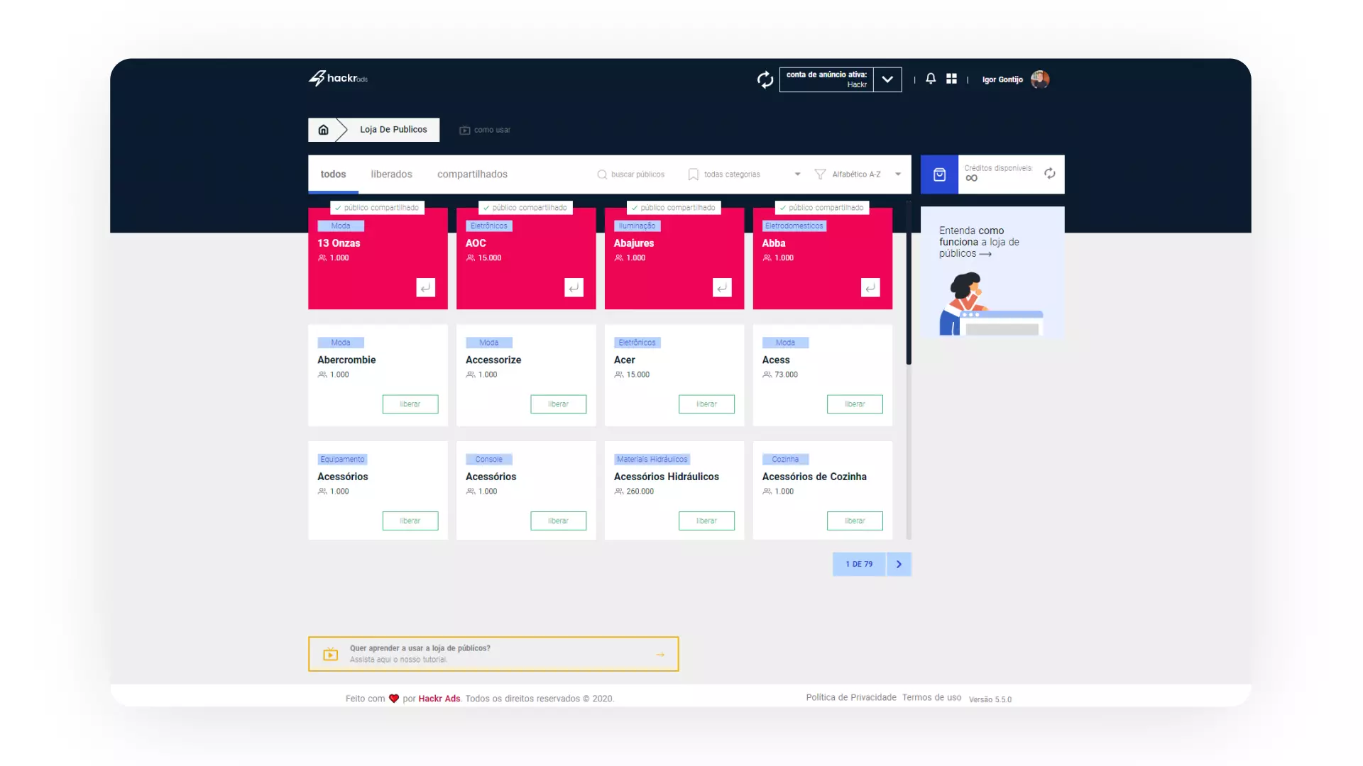 Print de tela da loja de públicos do Hackr Ads