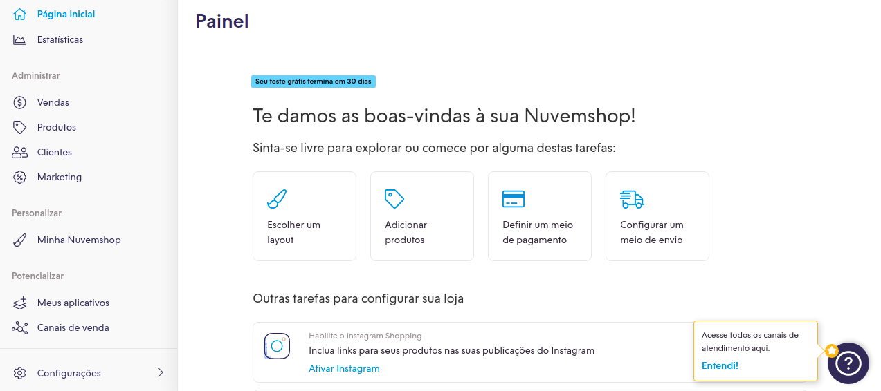 Painel inicial da Nuvemshop