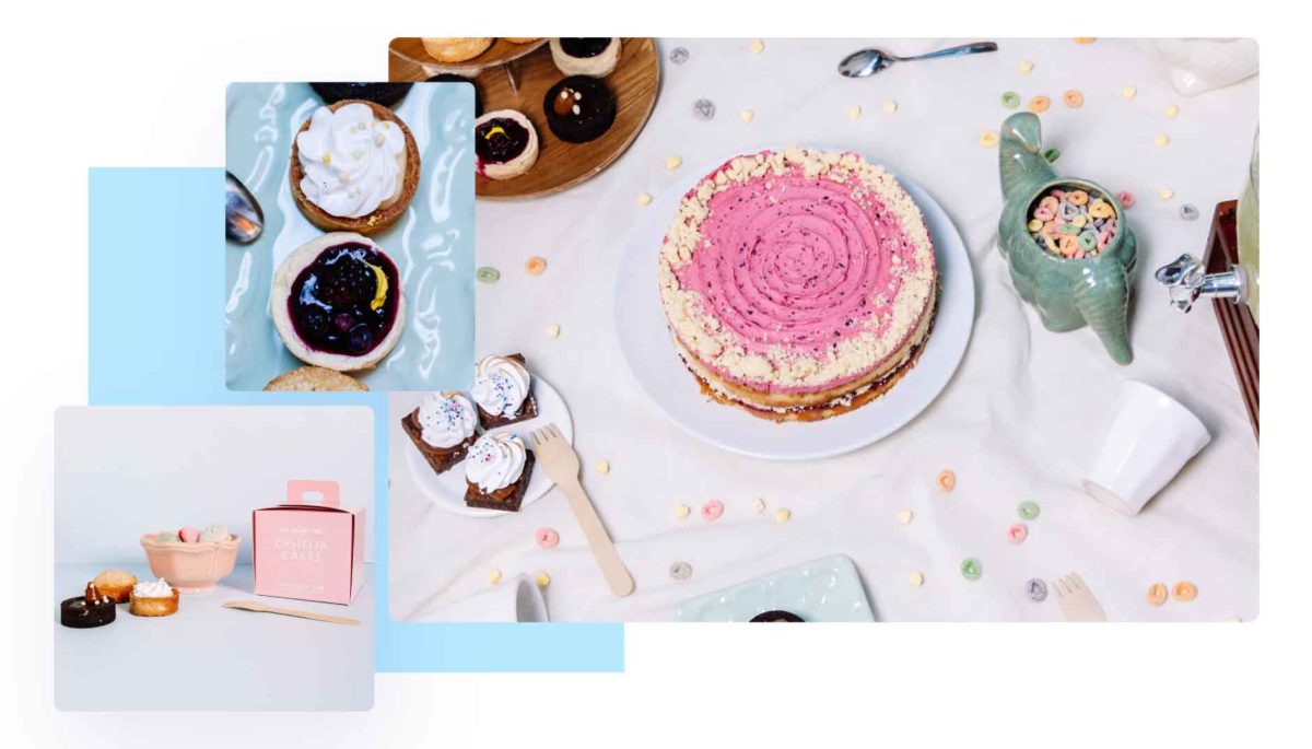 Variedad de postres para vender en una mesa decorada , pastel rosa, cupcakes, y mermeladas
