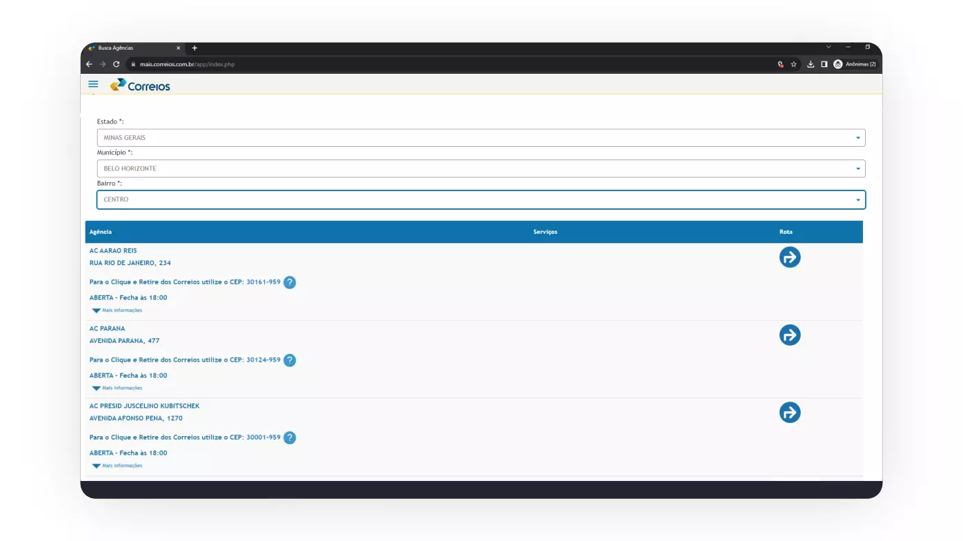 Lista de agências dos Correios no site oficial
