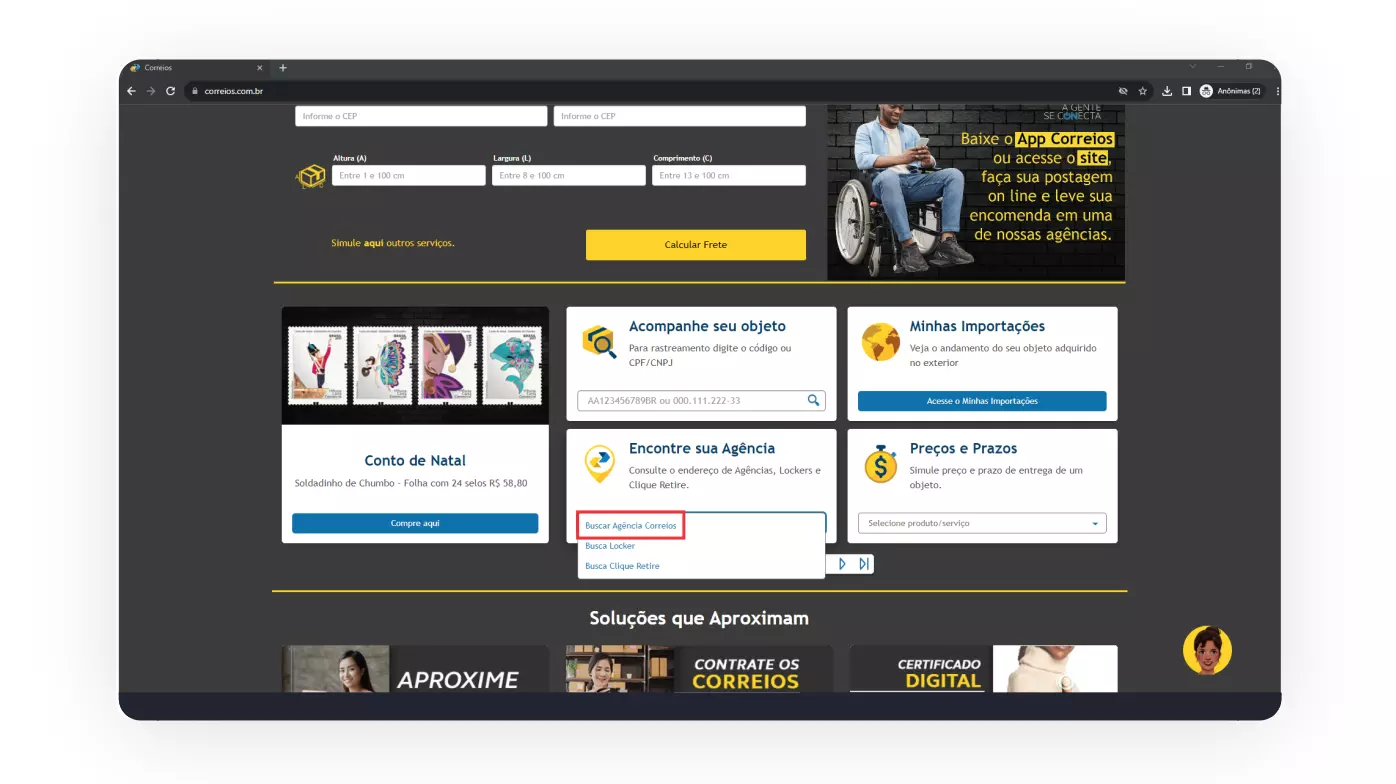 Opção de buscar agência dos Correios no site