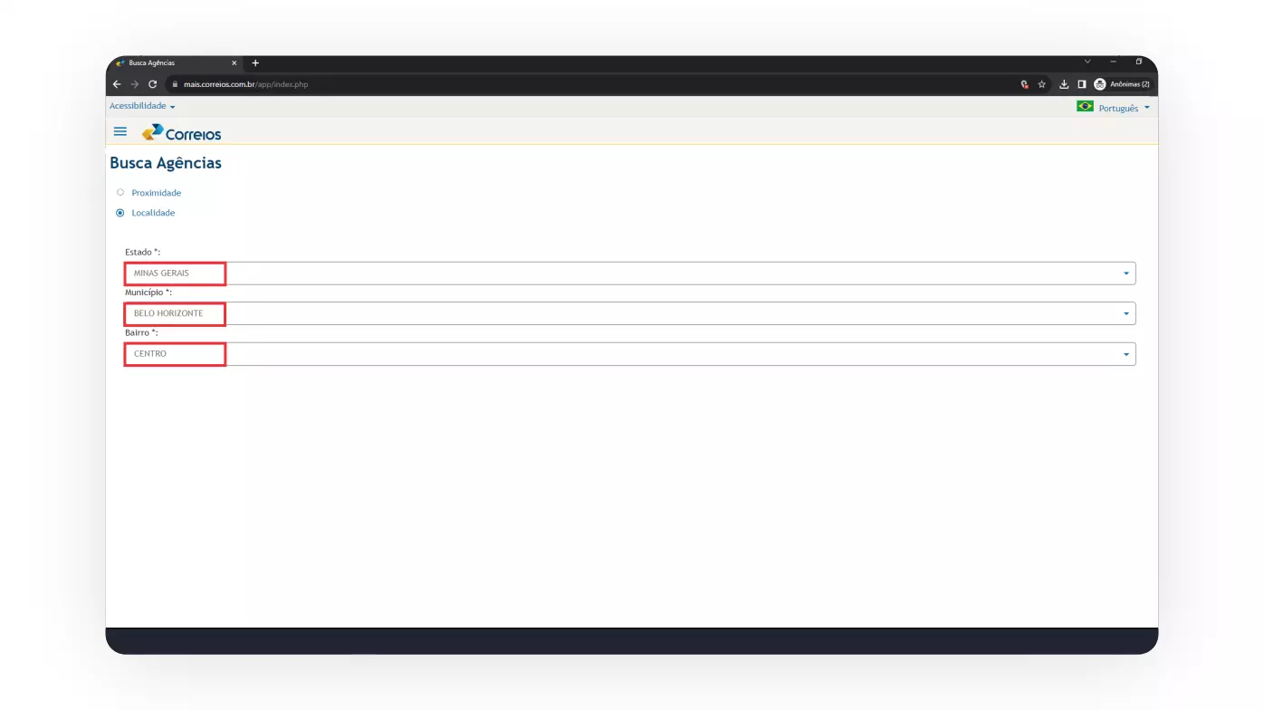 Opção de encontrar agência dos Correios a partir do CEP