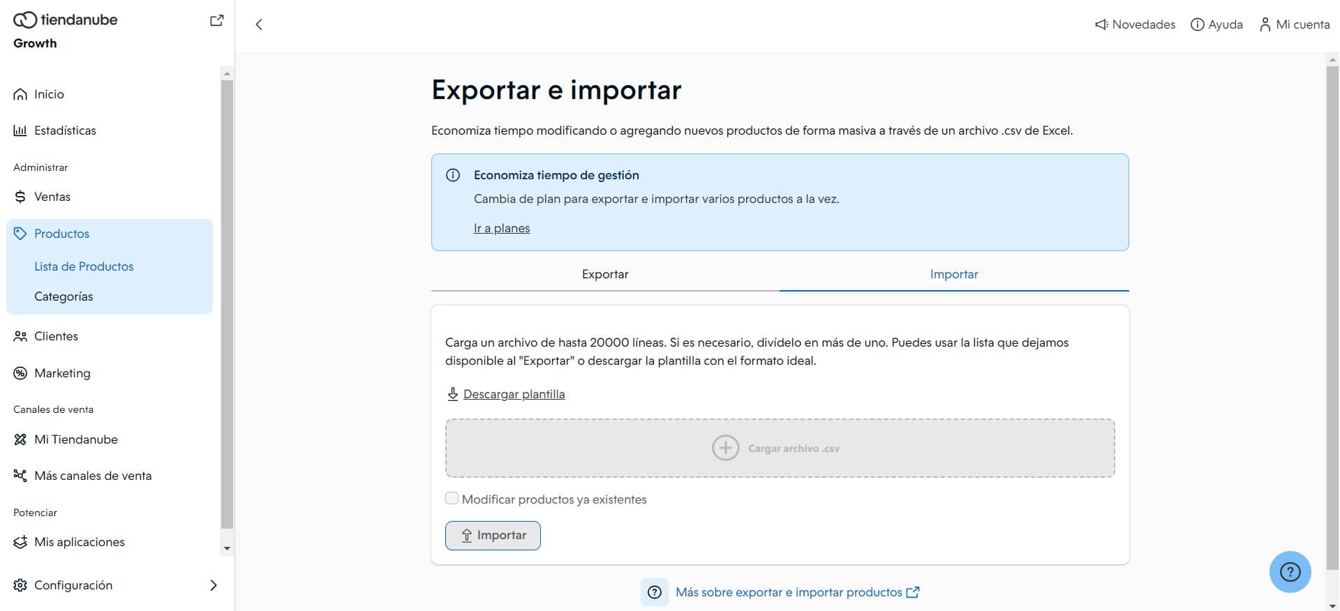 Funcionalidad de Tiendanube: carga masiva de productos vía Excel.