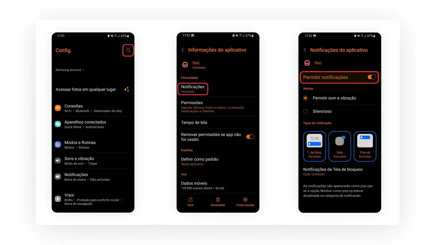 Passo a passo para ativar notificações do banco no Android.