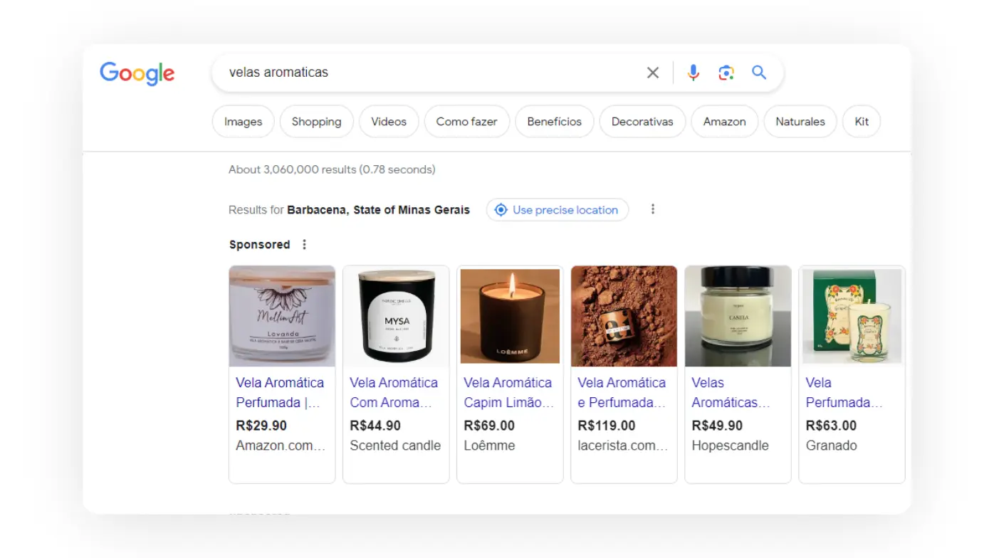 Print de anúncios do Google Shopping na SERP.