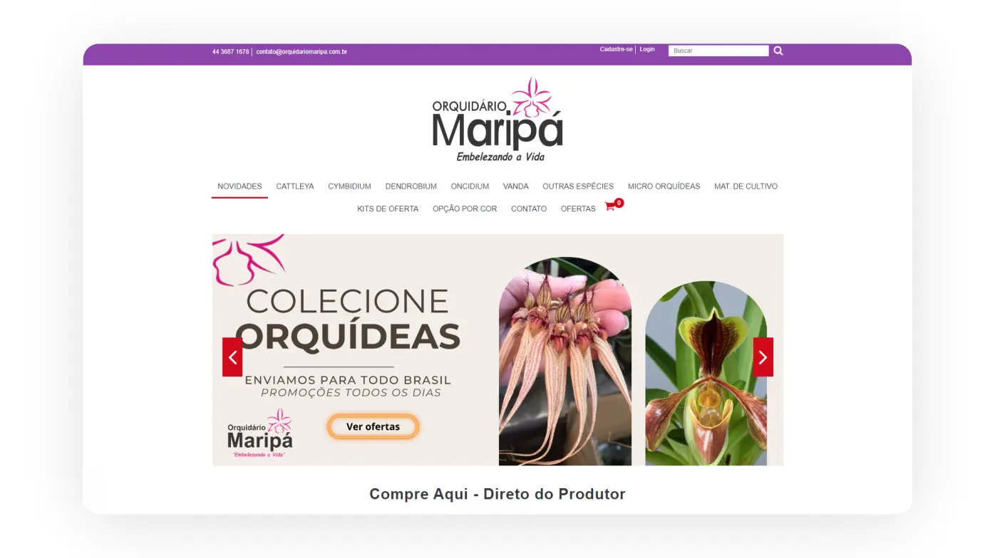 Home da loja virtual Orquidário Maripá.