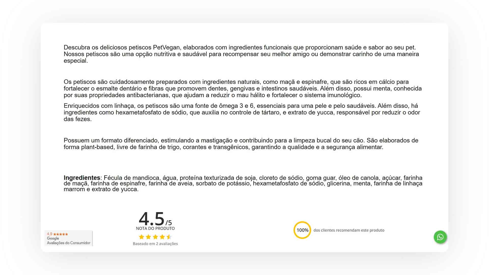 Descritivo de atributos de produto da loja Petvegan