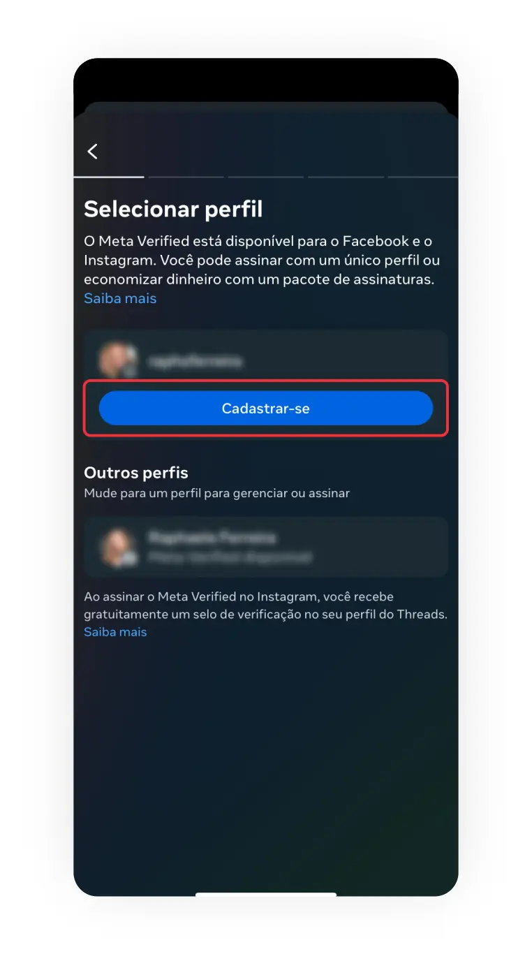 Print cadastro Meta Verified do Instagram